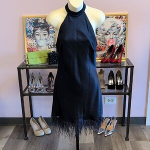 Xtraordinary Navy Halter Mini Dress with Feather Trim